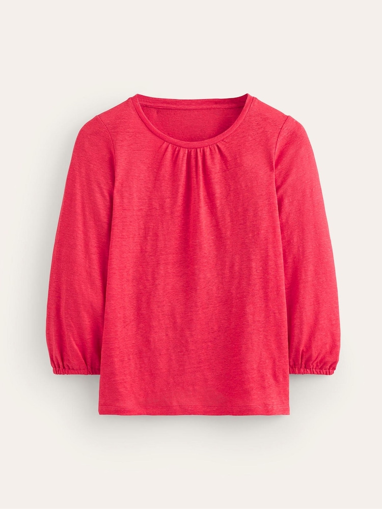 Boden Red Gathered Neck Linen Jersey Top - Image 5 of 5