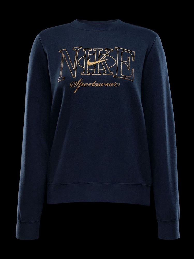 Nike Navy Club Fleece Pull-Over Crew-Neck Logo Sweatshirt - Image 6 of 6