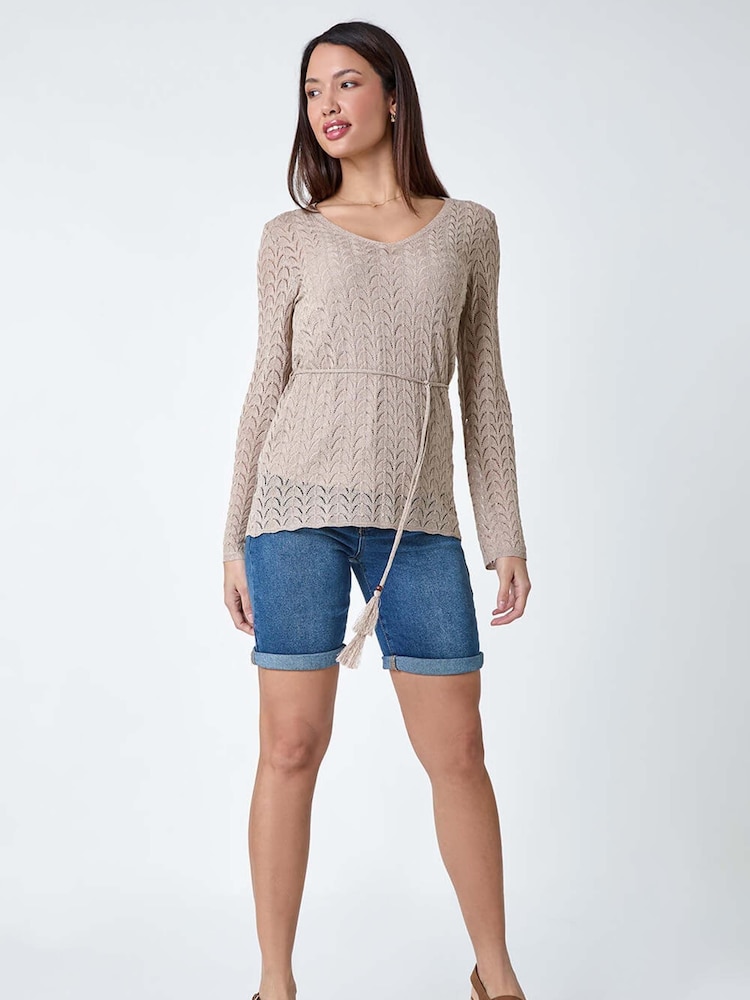 Roman Natural Pointelle Tassel Detail Knit Top - Image 1 of 5
