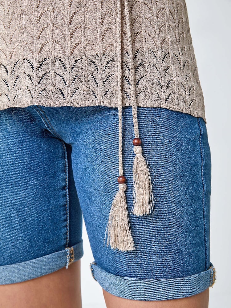 Roman Natural Pointelle Tassel Detail Knit Top - Image 5 of 5