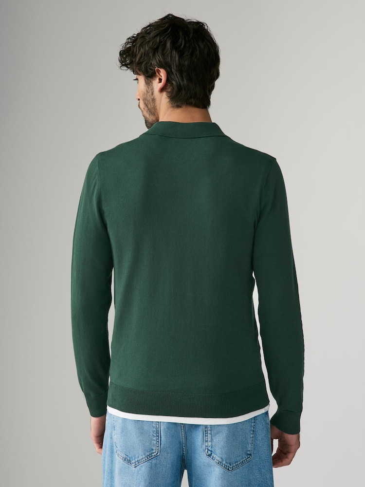 Green Dark Slim Fit Knitted Long Sleeve Polo Shirt - Image 3 of 6
