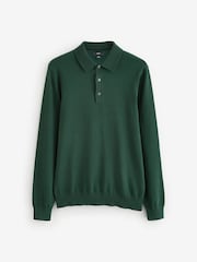 Green Dark Slim Fit Knitted Long Sleeve Polo Shirt - Image 5 of 7