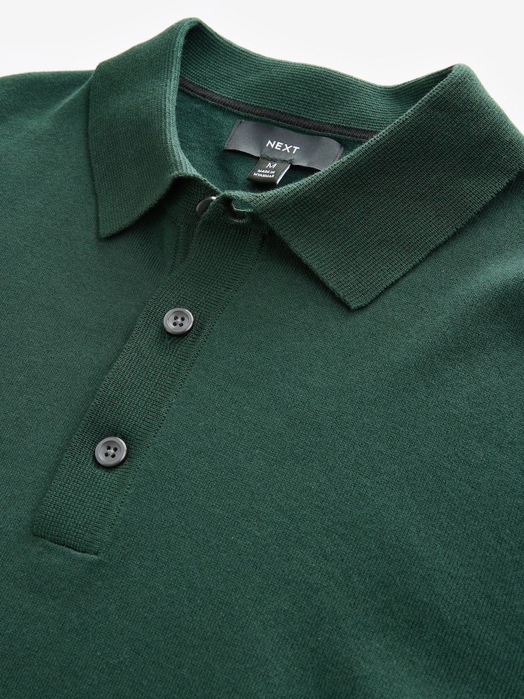Green Dark Slim Fit Knitted Long Sleeve Polo Shirt - Image 5 of 6