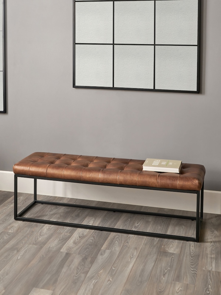 Pacific Vintage Brown Arlo Leather and Iron Buttoned Bench - Image 1 of 5