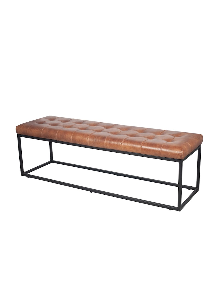 Pacific Vintage Brown Arlo Leather and Iron Buttoned Bench - Image 2 of 5