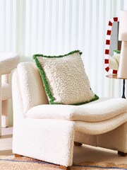 Oliver Bonas Green Boucle Fringed Square Cushion Cover - Image 1 of 4