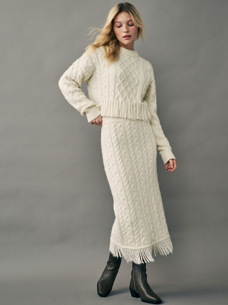 Camel Neutral Cable Knit Fringe Midi Skirt - Image 1 of 4