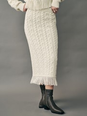 Camel Neutral Cable Knit Fringe Midi Skirt - Image 3 of 4