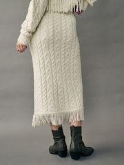 Camel Neutral Cable Knit Fringe Midi Skirt - Image 4 of 4