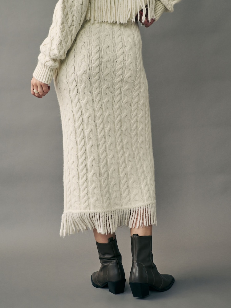 Camel Neutral Cable Knit Fringe Midi Skirt - Image 4 of 4