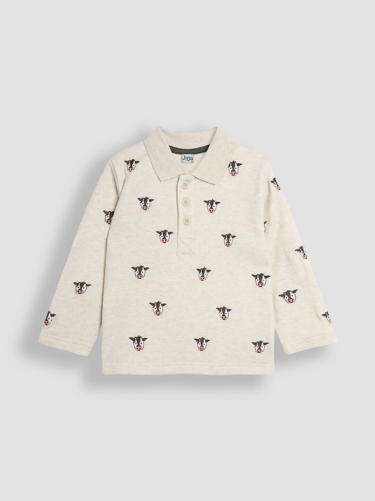JoJo Maman Bébé Natural Friesian Cow Long Sleeve Embroidered Polo Shirt - Image 1 of 3