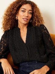 Love & Roses Black Petite Lace Mix Button Through Long Sleeve Blouse - Image 2 of 4