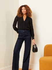 Love & Roses Black Petite Lace Mix Button Through Long Sleeve Blouse - Image 4 of 4