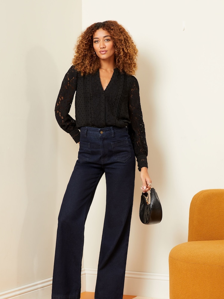 Love & Roses Black Petite Lace Mix Button Through Long Sleeve Blouse - Image 4 of 4