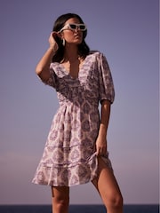 Mint Velvet Purple Floral Pleat Mini Dress - Image 1 of 1