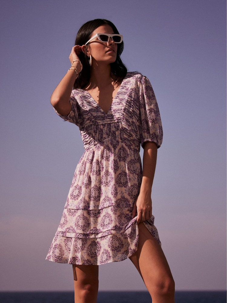 Mint Velvet Purple Floral Pleat Mini Dress - Image 1 of 1