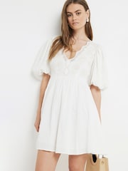 River Island Cream 100% Cotton Embroidered Smock Mini Dress - Image 1 of 4