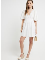 River Island Cream 100% Cotton Embroidered Smock Mini Dress - Image 3 of 4