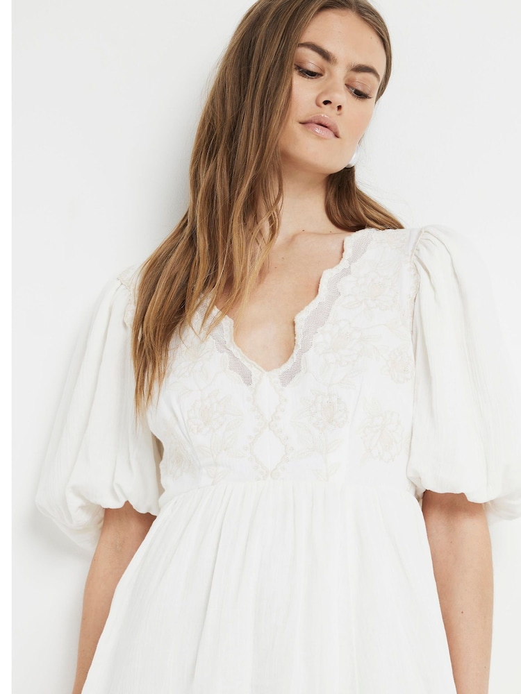 River Island Cream 100% Cotton Embroidered Smock Mini Dress - Image 4 of 4