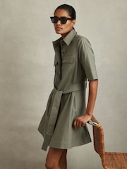 Reiss Khaki Milly Pleated Belted Mini Dress - Image 1 of 5