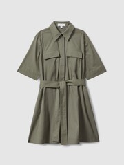 Reiss Khaki Milly Pleated Belted Mini Dress - Image 2 of 5