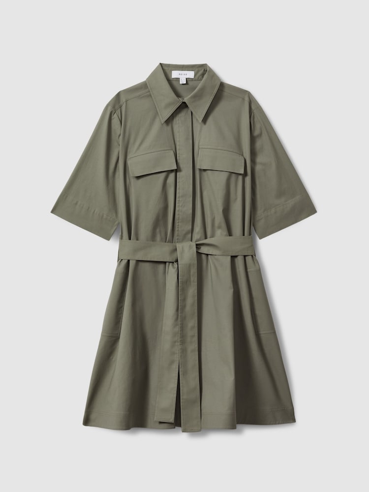 Reiss Khaki Milly Pleated Belted Mini Dress - Image 2 of 5