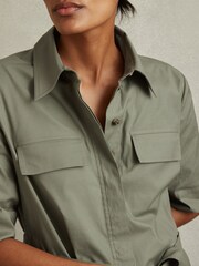 Reiss Khaki Milly Pleated Belted Mini Dress - Image 3 of 5