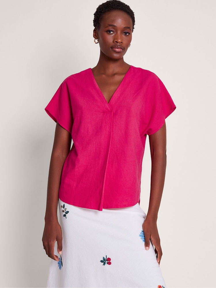 Monsoon Pink Viola V-Neck Pintuck Linen Blend Blouse - Image 2 of 4