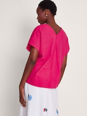 Monsoon Pink Viola V-Neck Pintuck Linen Blend Blouse - Image 3 of 4