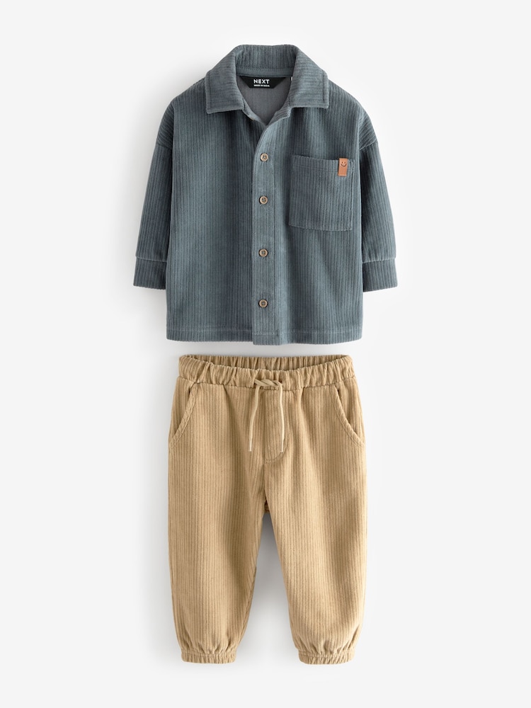 Bleu/Fauve Marron - Ensemble chemise et jogging en jersey velours côtelé (3mths-7yrs) - Image 7 of 10