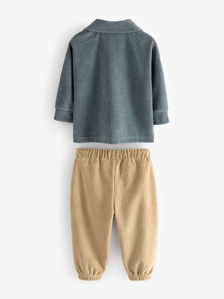 Bleu/Fauve Marron - Ensemble chemise et jogging en jersey velours côtelé (3mths-7yrs) - Image 8 of 10