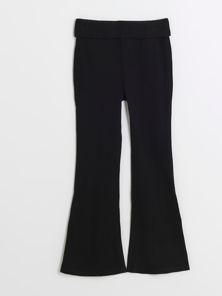 River Island Black Girls Rib 100% Cotton Fold Over Kick Flare Leggings - Image 1 of 3