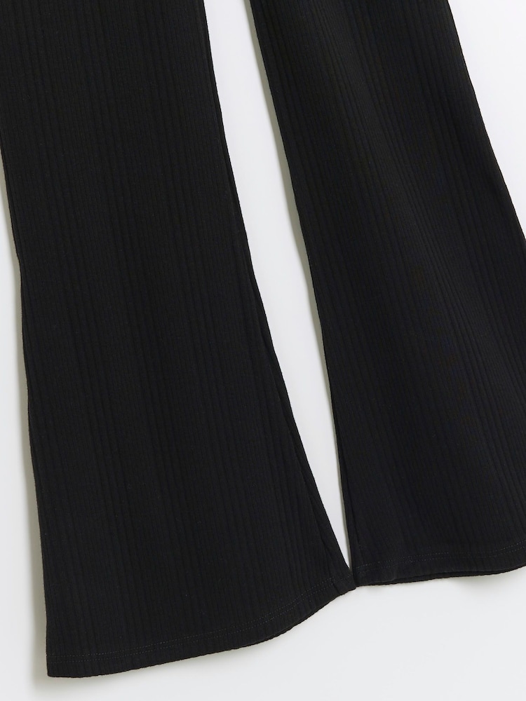 River Island Black Girls Rib 100% Cotton Fold Over Kick Flare Leggings - Image 2 of 3