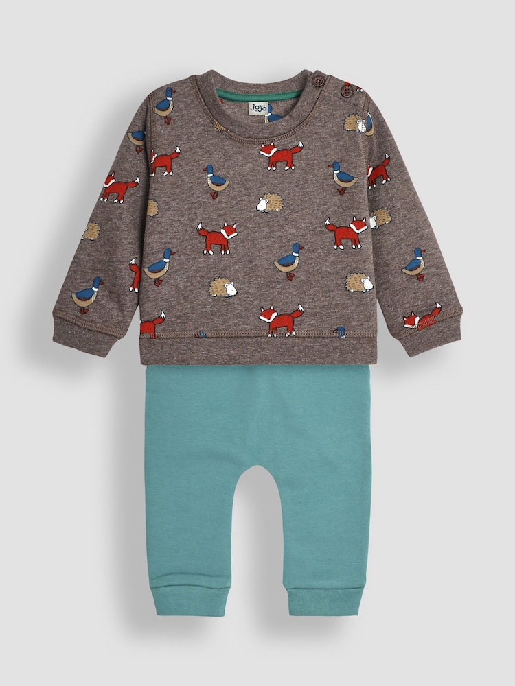 JoJo Maman Bébé Mocha Brown Woodland Friends Print Sweatshirt & Joggers Set - Image 1 of 5 JoJo Maman Bébé Mocha Brown Woodland Friends Print Sweatshirt & Joggers Set - Image 1 of 5