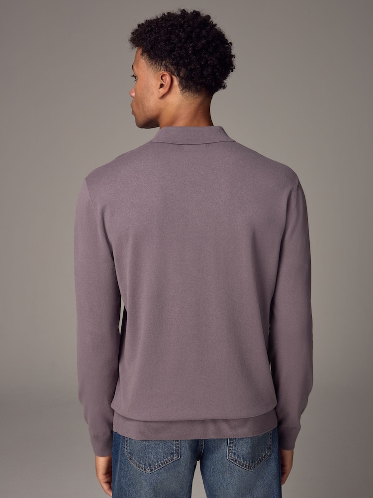 Purple Regular Fit Knitted Long Sleeve Polo Shirt - Image 3 of 8