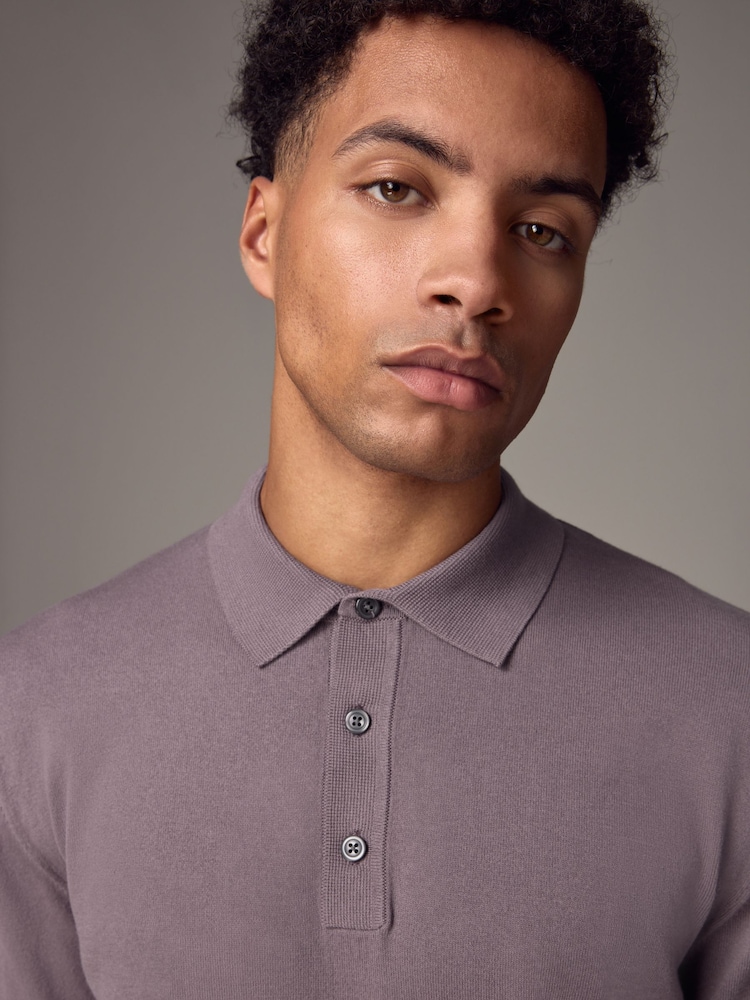 Purple Regular Fit Knitted Long Sleeve Polo Shirt - Image 4 of 8