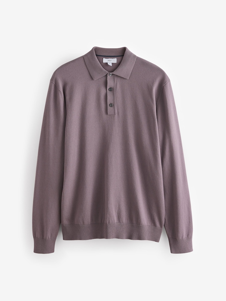 Purple Regular Fit Knitted Long Sleeve Polo Shirt - Image 6 of 8