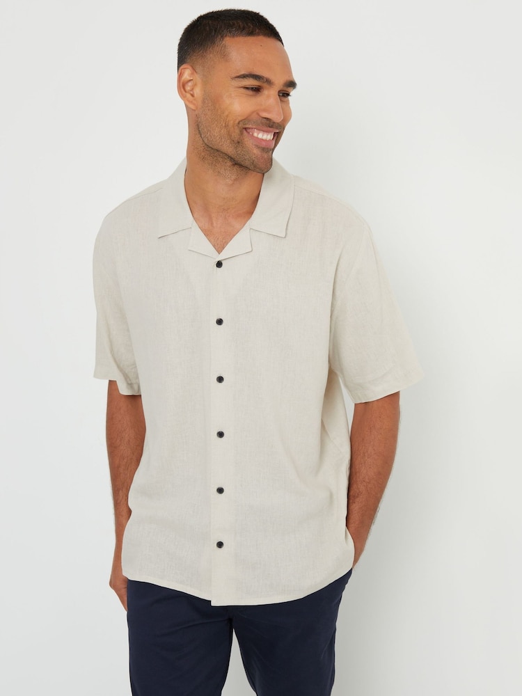 Threadbare Stone Linen Blend Revere Collar Short Sleeve Shirt - Image 1 of 4
