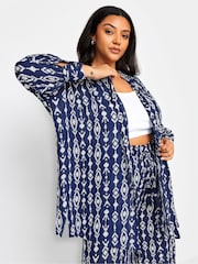 Yours Curve Blue Navy  Ikat Print Crinkle Beach Shirt - Image 1 of 5