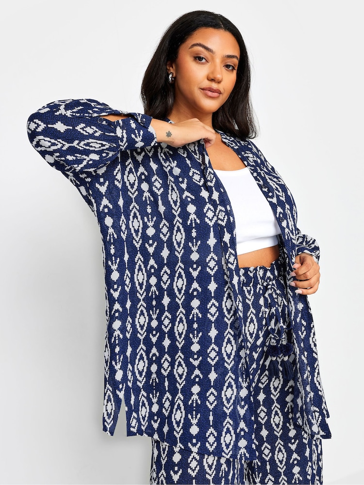 Yours Curve Blue Navy  Ikat Print Crinkle Beach Shirt - Image 1 of 5