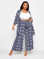 Yours Curve Blue Navy  Ikat Print Crinkle Beach Shirt - Image 2 of 5