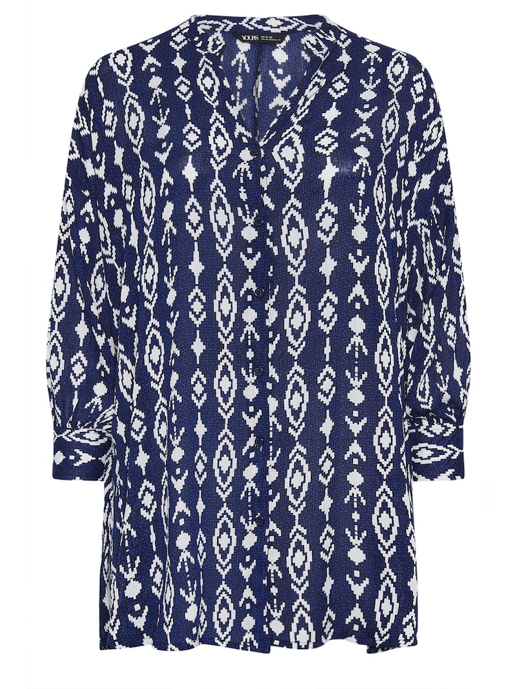 Yours Curve Blue Navy  Ikat Print Crinkle Beach Shirt - Image 5 of 5
