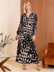 Love & Roses Black Dogtooth Twist Front Chiffon Sleeve Jersey Midi Dress - Image 1 of 4