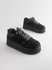 Black Forever Comfort® Chunky Leather Cosy Faux Fur Lined Suede Lace-Up Trainers - Image 1 of 6