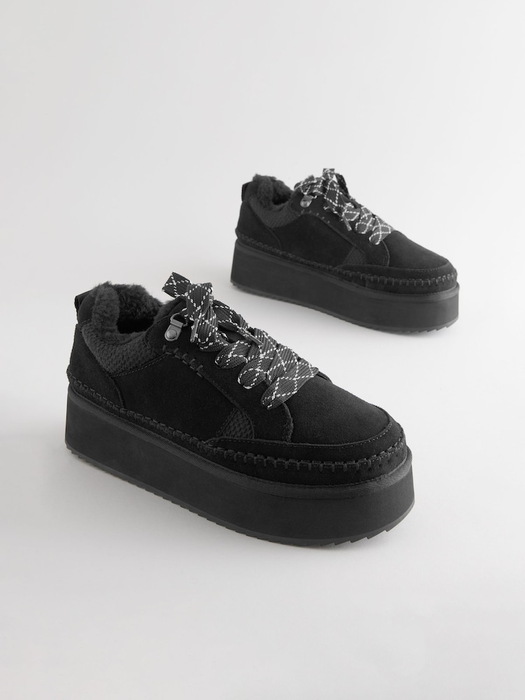 Black Forever Comfort® Chunky Leather Cosy Faux Fur Lined Suede Lace-Up Trainers - Image 1 of 6