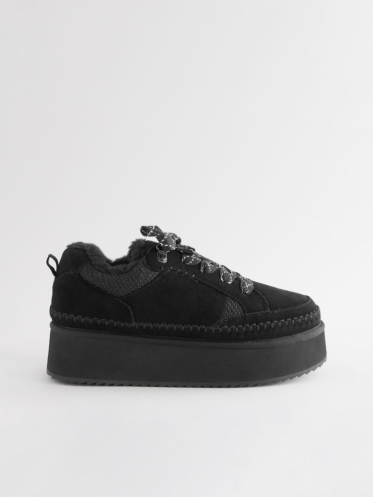 Black Forever Comfort® Chunky Leather Cosy Faux Fur Lined Suede Lace-Up Trainers - Image 2 of 6