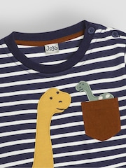JoJo Maman Bébé Navy Ecru Stripe Diplodocus Appliqué Pocket Top - Image 3 of 3