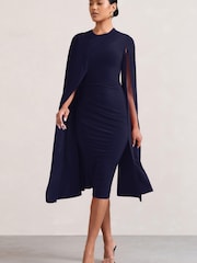 Club L London Navy Blue Marysol Asymmetric Cape Midi Dress - Image 1 of 5