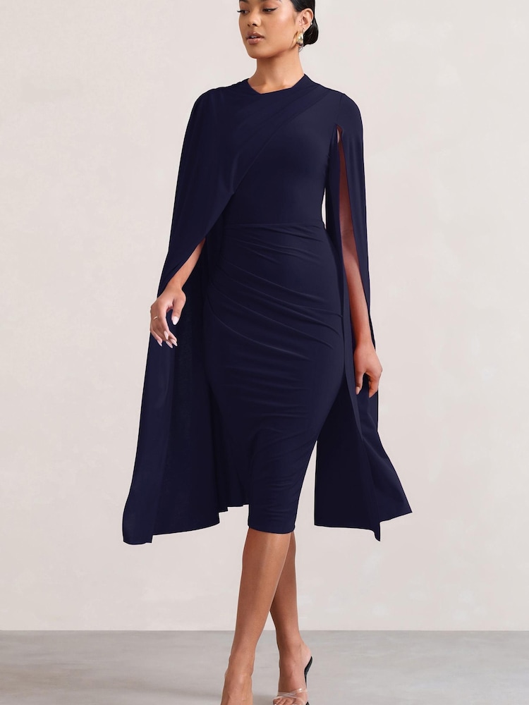 Club L London Navy Blue Marysol Asymmetric Cape Midi Dress - Image 1 of 5 Club L London Navy Blue Marysol Asymmetric Cape Midi Dress - Image 1 of 5