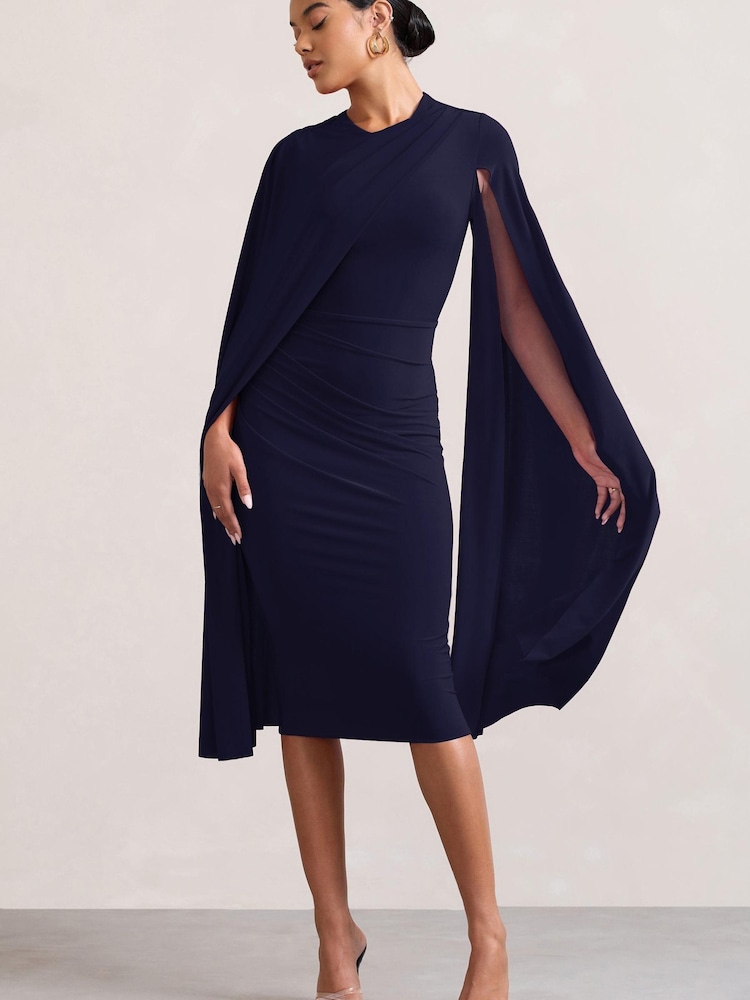 Club L London Navy Blue Marysol Asymmetric Cape Midi Dress - Image 2 of 5 Club L London Navy Blue Marysol Asymmetric Cape Midi Dress - Image 2 of 5